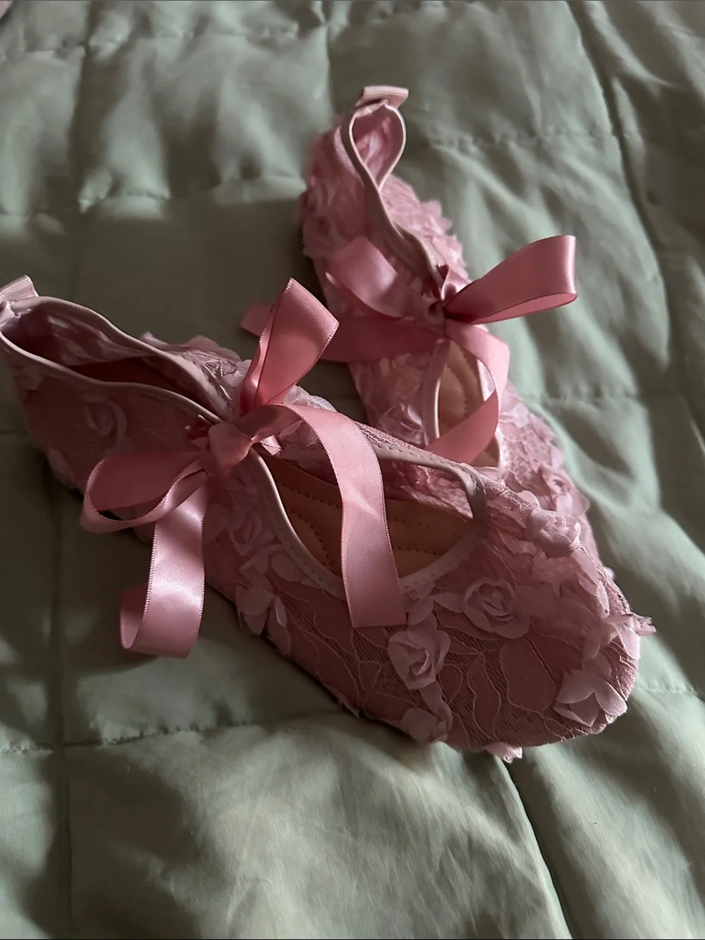 Pink Floral Lace Ribbon Kids Ballet Flats